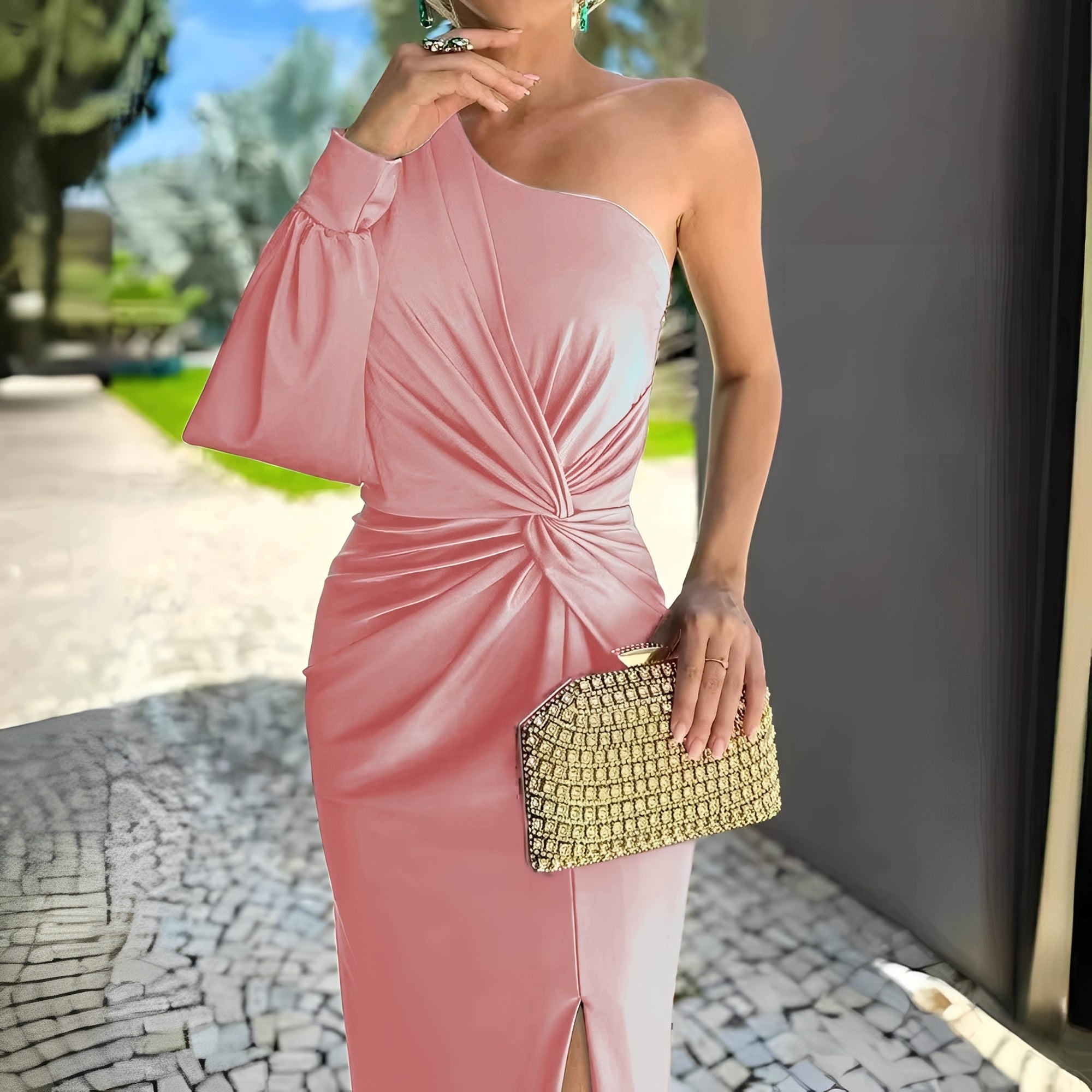 Erica - Rochie lungă cu umăr asimetric și deschidere pentru femei