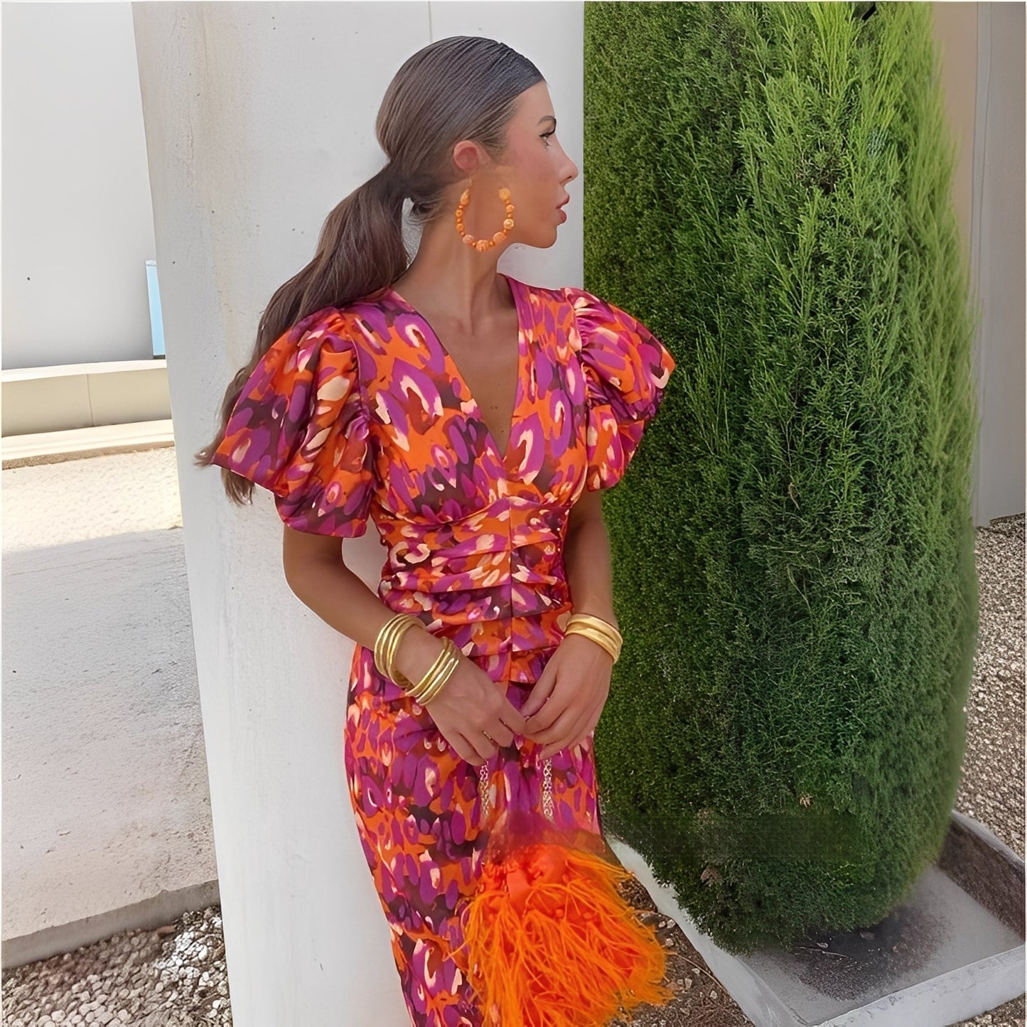 Gaëlle - Rochie cu culori vii și mâneci plisate pentru femei