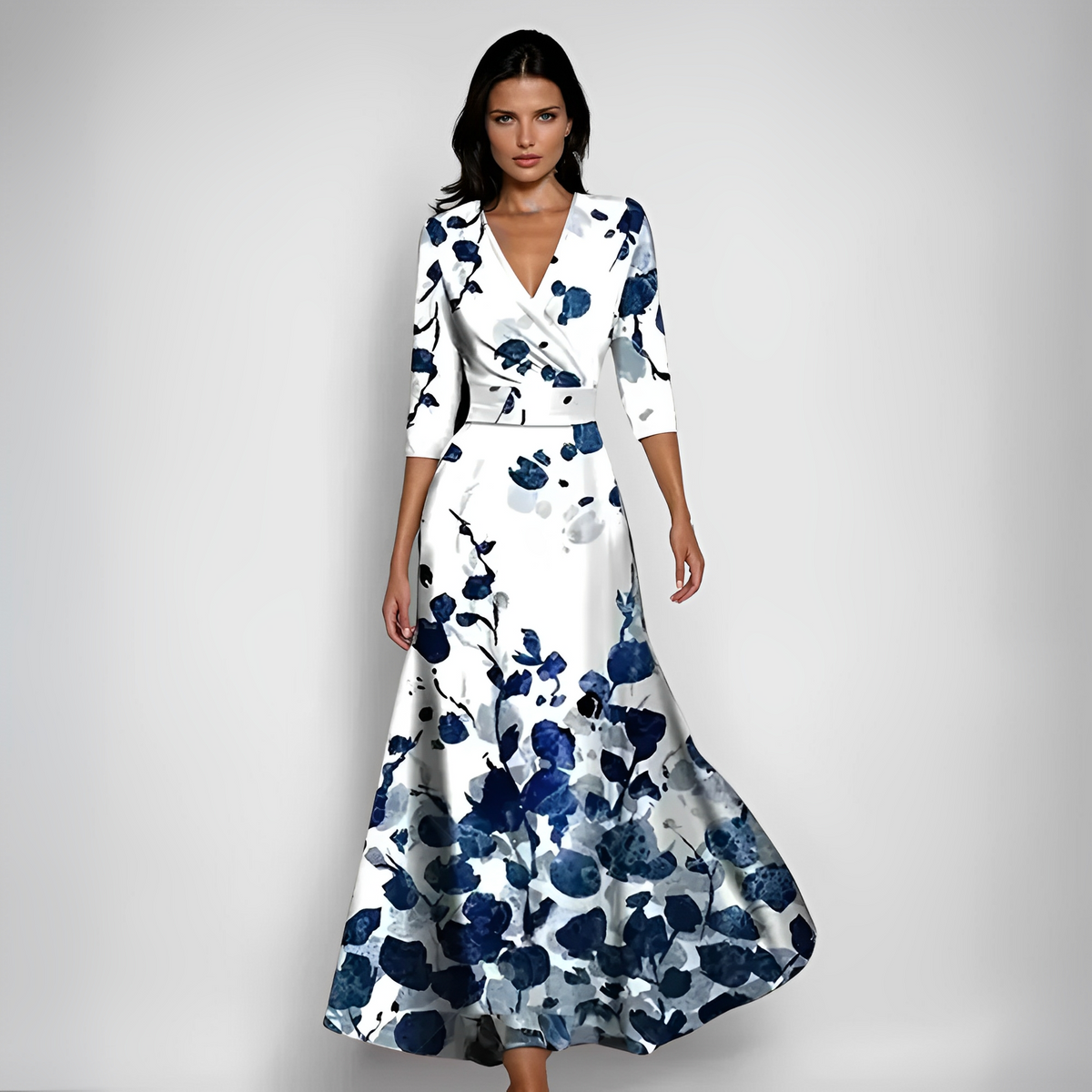 Delores - Rochie maxi cu model floral și mâneci lungi