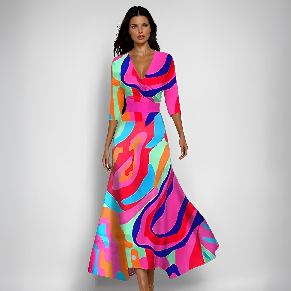 Delores - Rochie maxi cu model floral și mâneci lungi