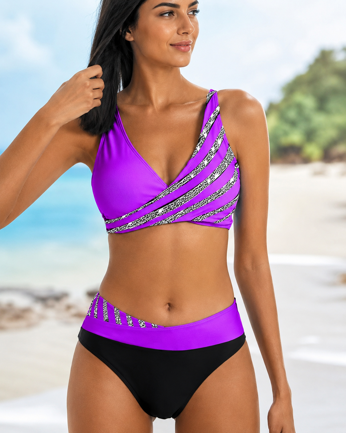 Deliana - Set Bikini cu Dungi Stilat în Două Piese