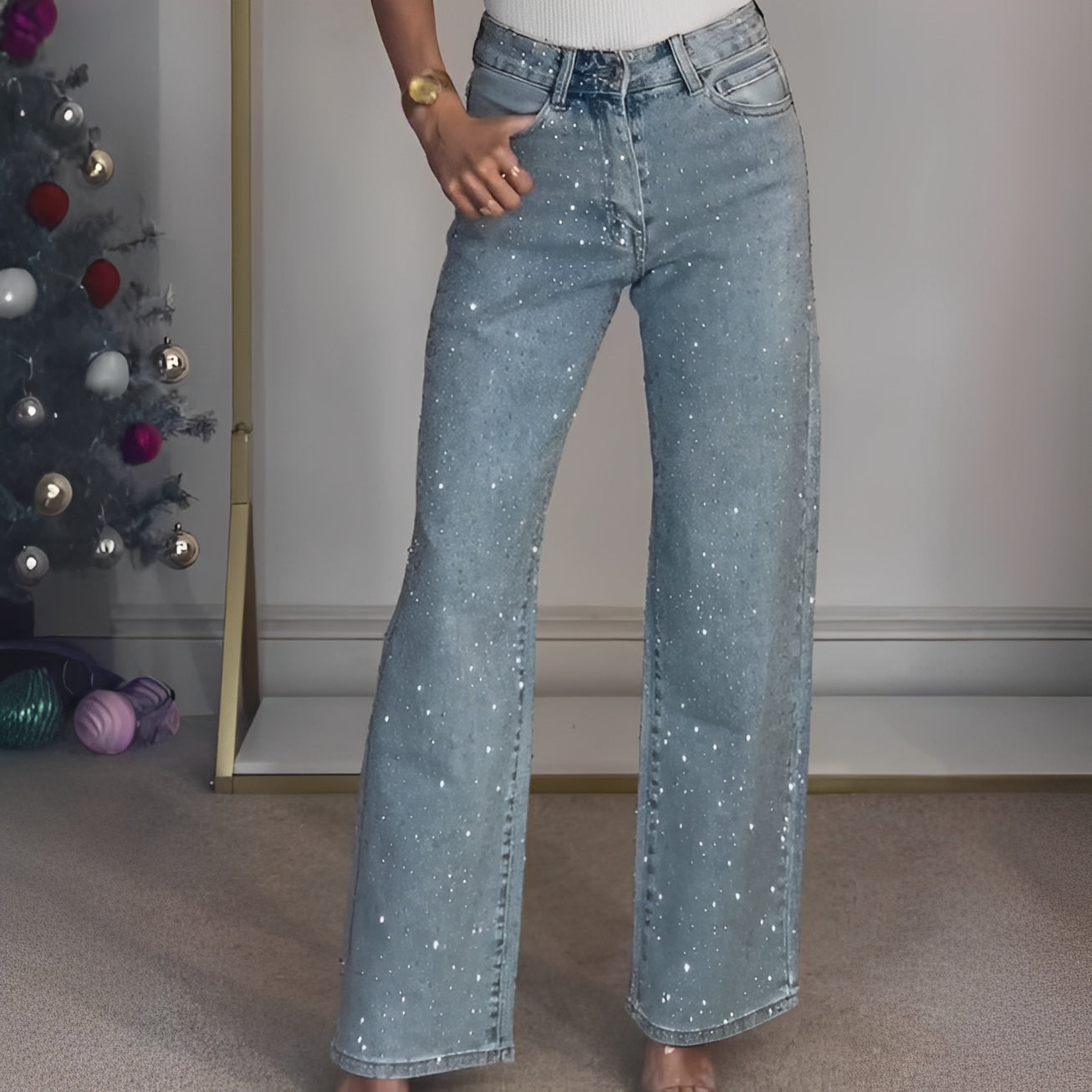 Sandra - Jeans stilate cu glitter și talie înaltă pentru dame