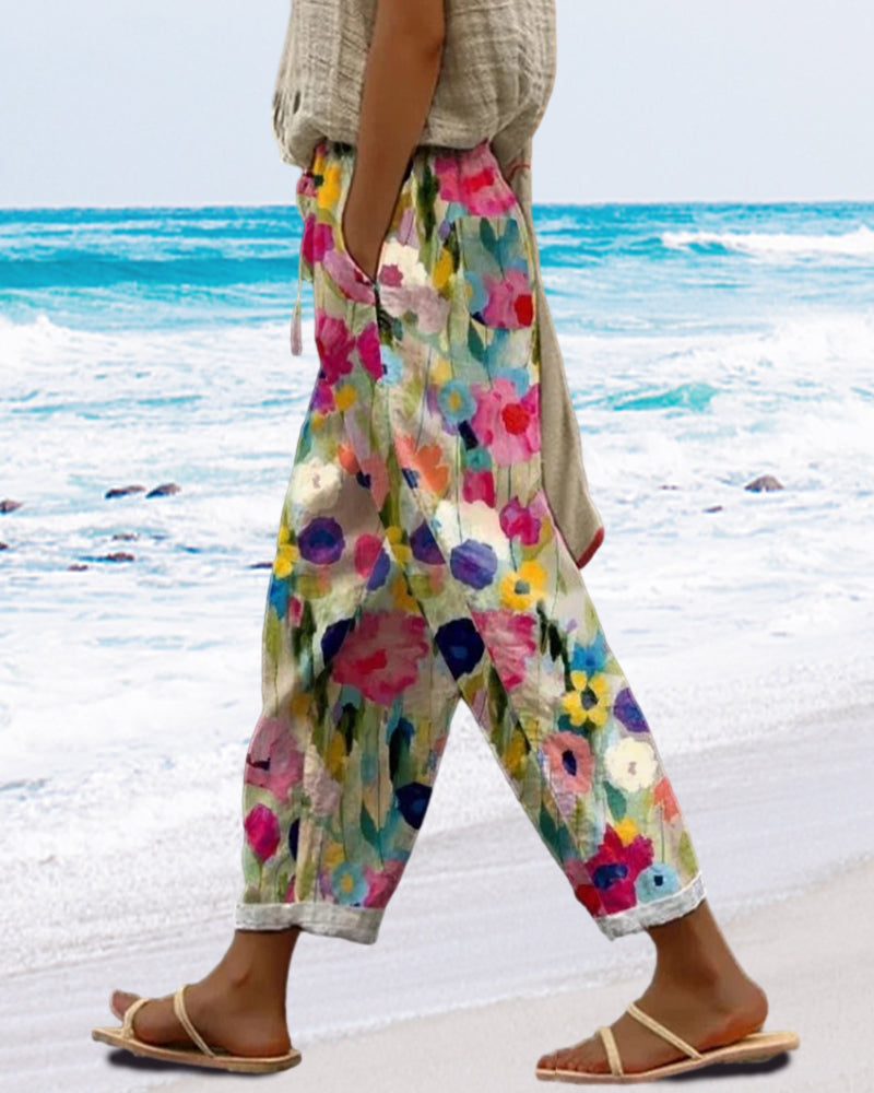 Selma – Pantalon larg cu flori cu imprimare stilizată