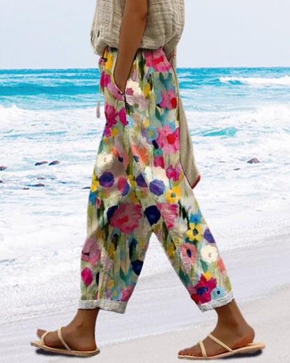 Selma – Pantalon larg cu flori cu imprimare stilizată