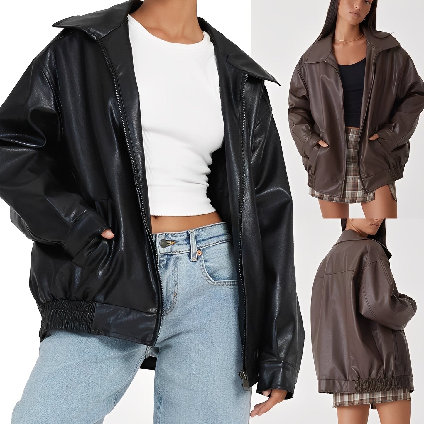 Lisette - Jachetă aviator din piele oversized pentru femei