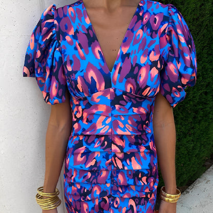 Gaëlle - Rochie cu culori vii și mâneci plisate pentru femei