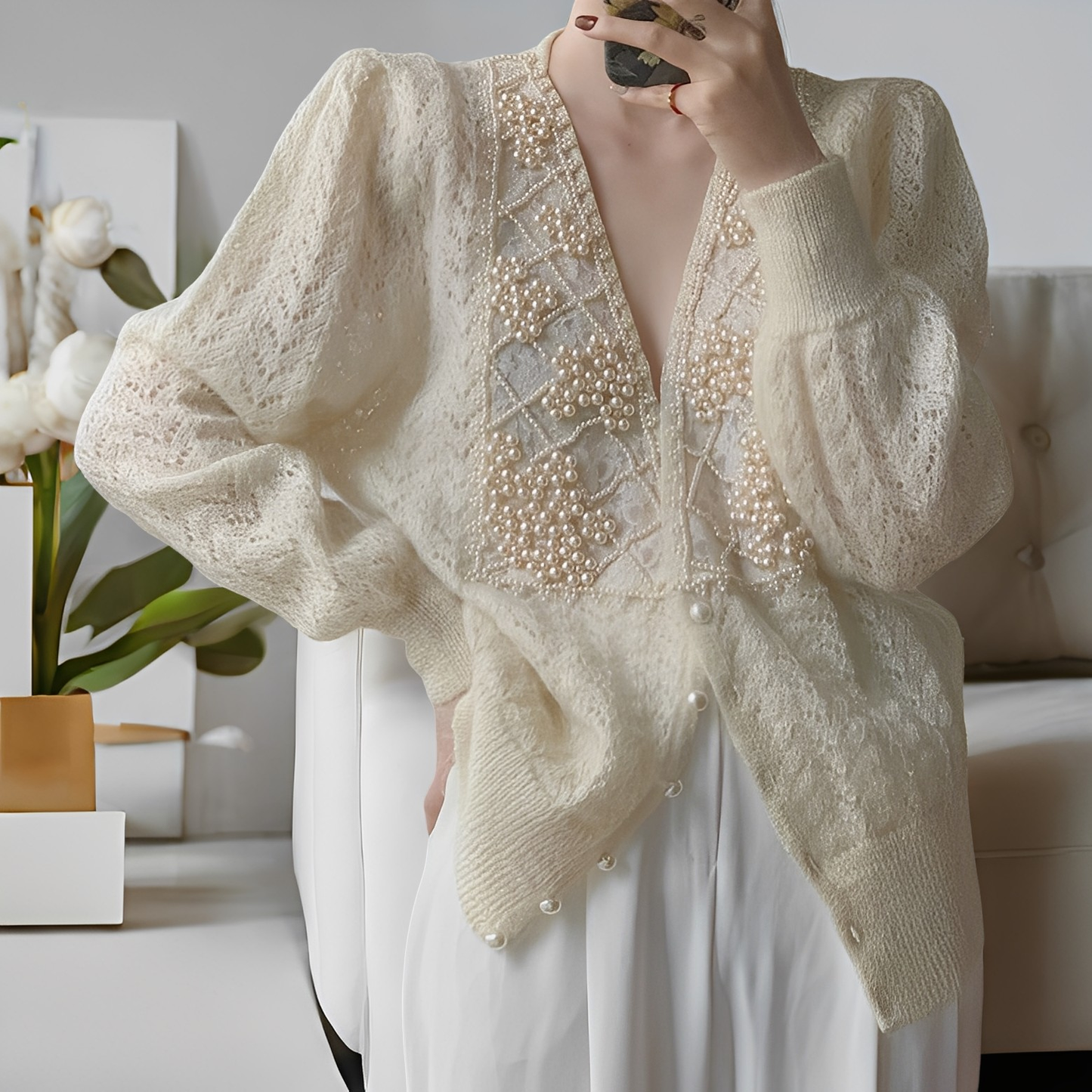 Jolie - Pulover tricotat elegant cu nasturi de sidef