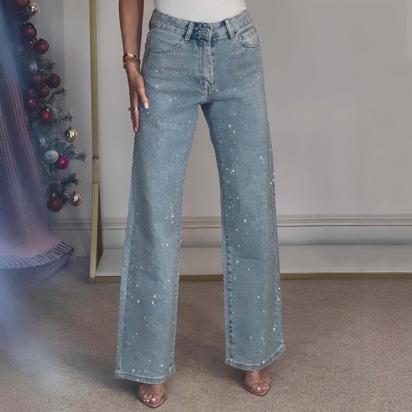 Sandra - Jeans stilate cu glitter și talie înaltă pentru dame
