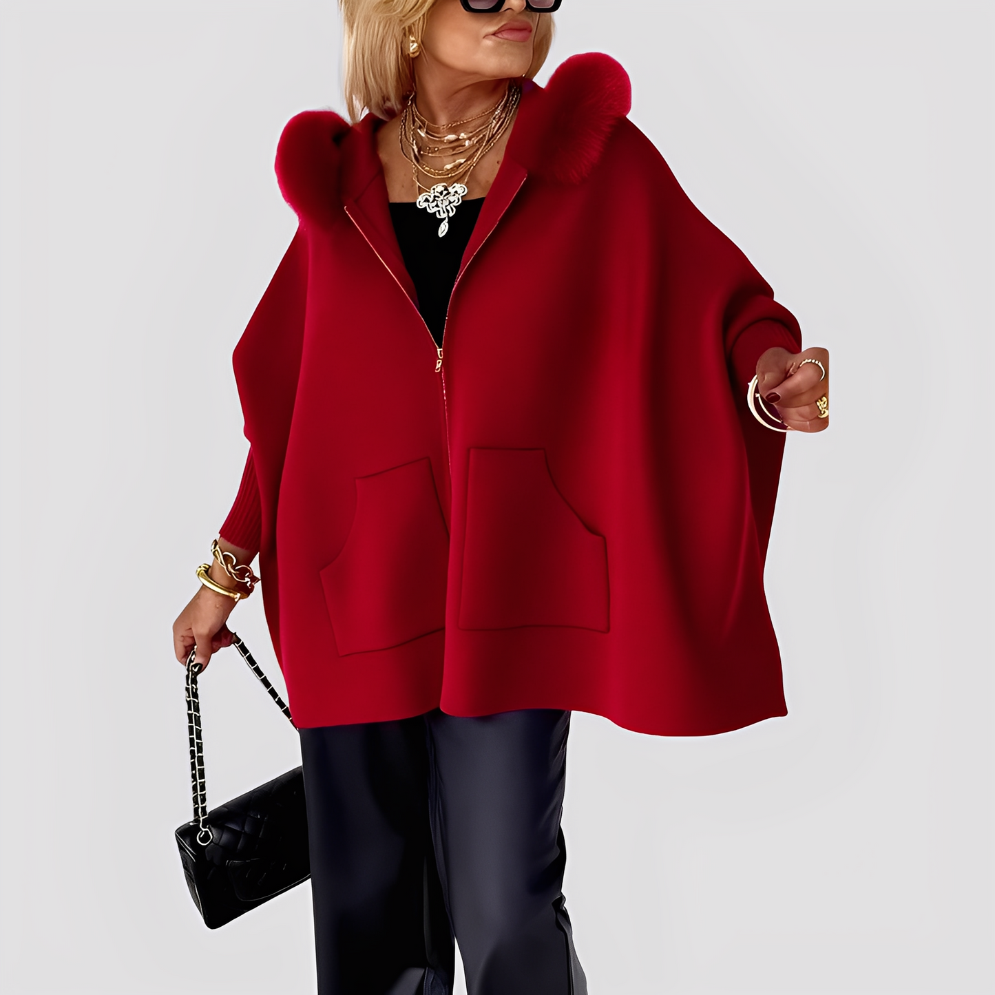 Elvena - Manta de blană artificială la modă cu glugă pentru femei