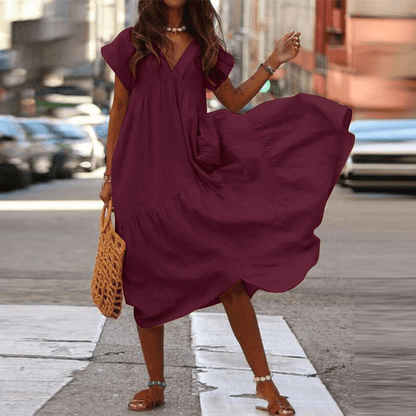 Sheanie - Rochie Casual Versatilă din Bumbac cu Guler în V