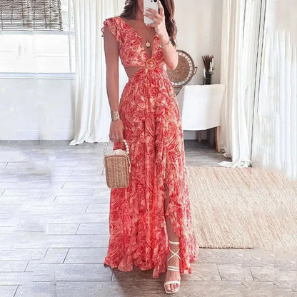 Charmaine - Rochie Maxi cu Decolteu în V Floral Fără Timp