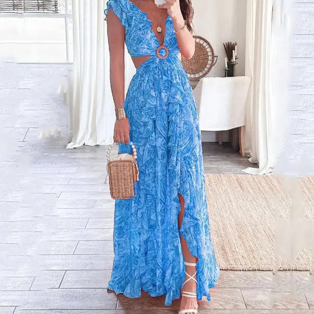 Charmaine - Rochie Maxi cu Decolteu în V Floral Fără Timp