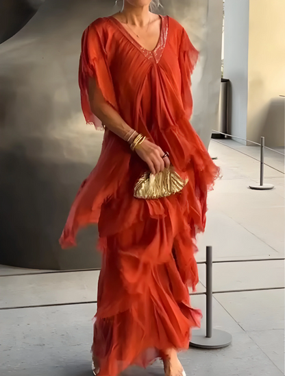 Riza - Rochie Plisată cu Decolteu în V și Fluidă