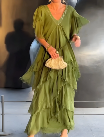 Riza - Rochie Plisată cu Decolteu în V și Flux