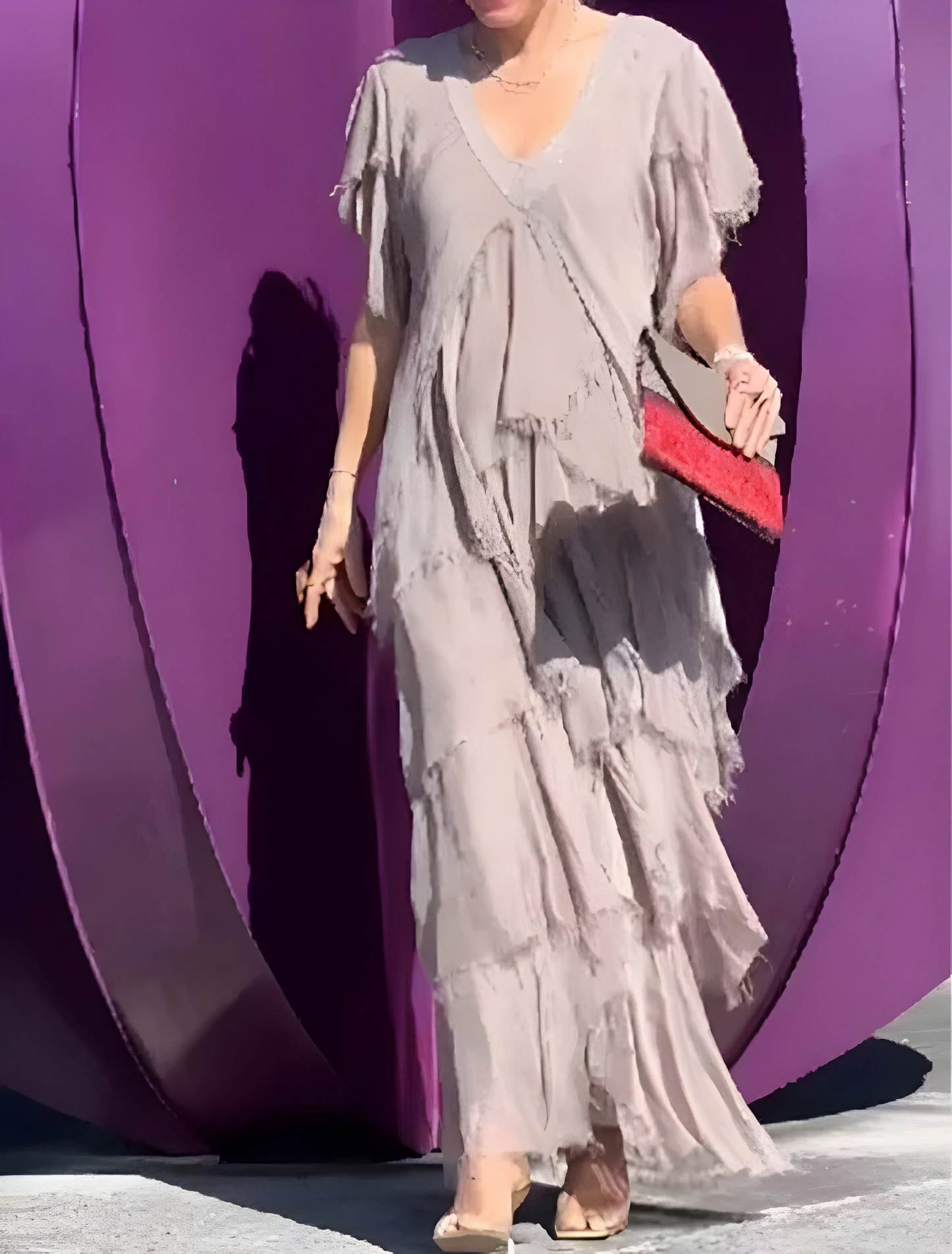 Riza - Rochie Plisată cu Decolteu în V și Flux